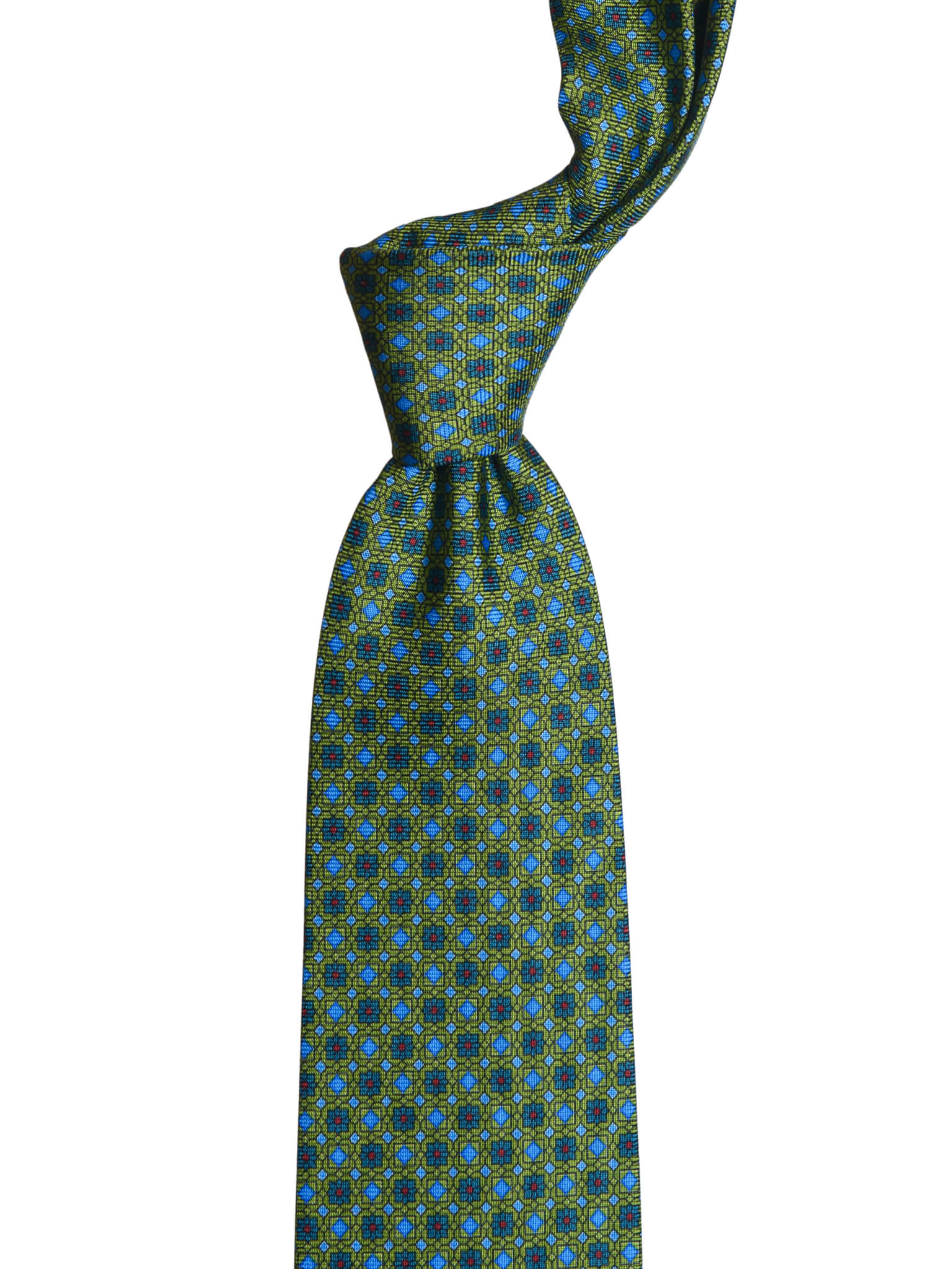 05A CRAVATTA COLOR BRACKEN GREEN DISEGNO A ROMBO FIORITO AZZURRO SETA STAMPATA SARTORIA GALLO