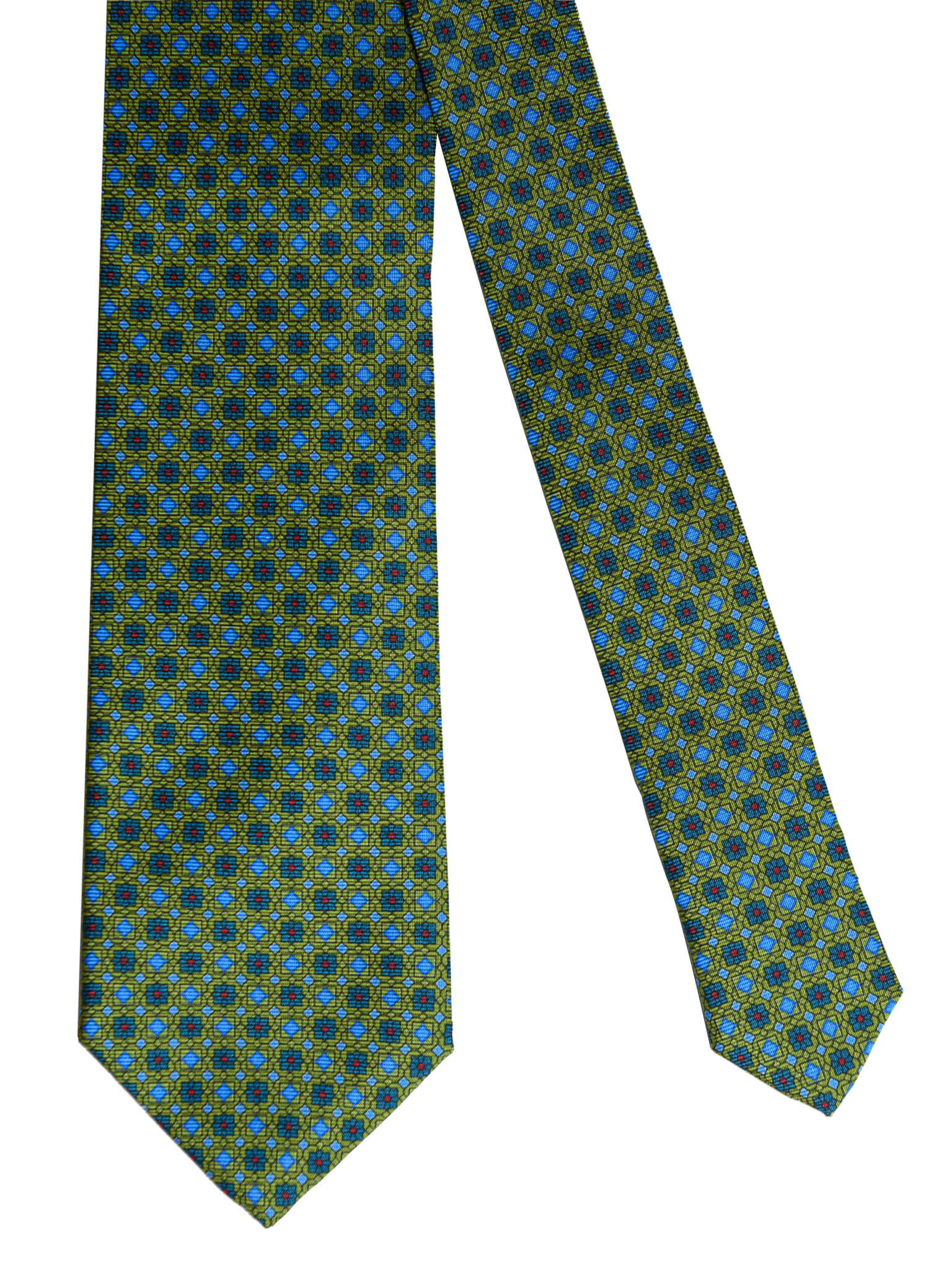 05B CRAVATTA COLOR BRACKEN GREEN DISEGNO A ROMBO FIORITO AZZURRO SETA STAMPATA SARTORIA GALLO