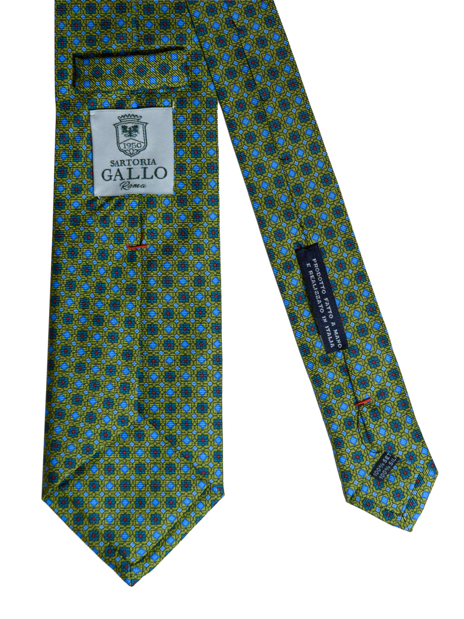 05C CRAVATTA COLOR BRACKEN GREEN DISEGNO A ROMBO FIORITO AZZURRO SETA STAMPATA SARTORIA GALLO